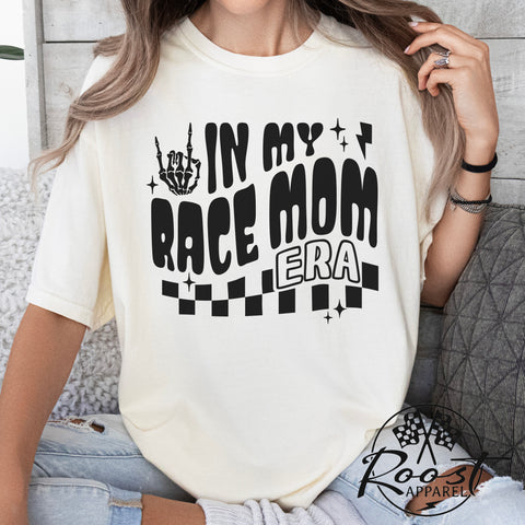 In My Race Mom Era Adult Unisex Garment-Dyed T-shirt | Funny Racing Themed Tee with Checkerboard Pattern