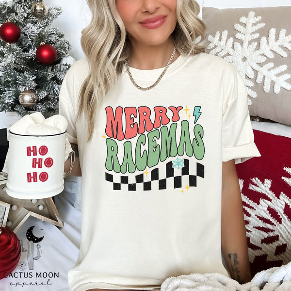 Merry Racemas Adult Unisex Garment-Dyed T-shirt | Racing Themed Christmas Tee | Merry Christmas Race Day Tee