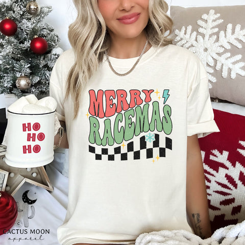 Merry Racemas Adult Unisex Garment-Dyed T-shirt | Racing Themed Christmas Tee | Merry Christmas Race Day Tee