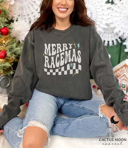 Merry Racemas Unisex Garment-Dyed Sweatshirt | Racing Themed Christmas Sweatshirt | Merry Christmas Race Day Tee