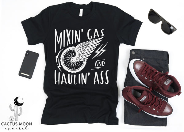 Mixin' Gas and Haulin' Ass Adult Unisex Jersey Short Sleeve Tee | Funny Race Dad Pit Crew Race Day Shirt