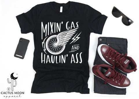 Mixin' Gas and Haulin' Ass Adult Unisex Jersey Short Sleeve Tee | Funny Race Dad Pit Crew Race Day Shirt