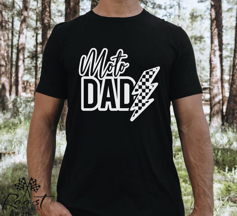 Mens Moto Dad with Checkered Lightning Bolt Adult Unisex Softstyle T-Shirt