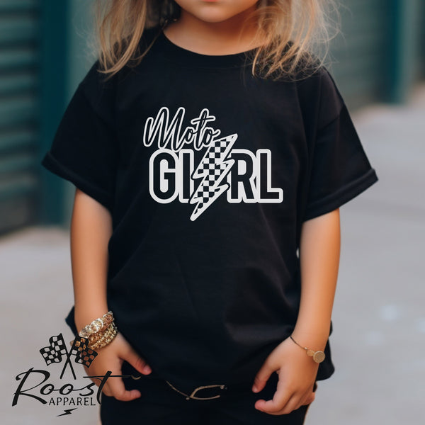 Moto Girl with Checkered Lightning Bolt Toddler Short Sleeve Tee | MX Motocross Dirt Bike Chick Race Day Shirt