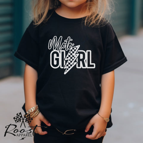 Moto Girl with Checkered Lightning Bolt Toddler Short Sleeve Tee | MX Motocross Dirt Bike Chick Race Day Shirt