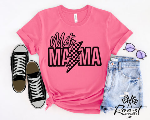 Moto Mama with Checkered Lightning Bolt Unisex Jersey Short Sleeve Tee | Moto Mom Shirt