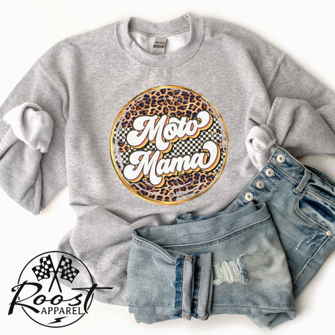 Moto Mama with Leopard and Checkered Pattern Adult Unisex Heavy Blend™ Crewneck Sweatshirt | Moto Mama Leopard Sweatshirt