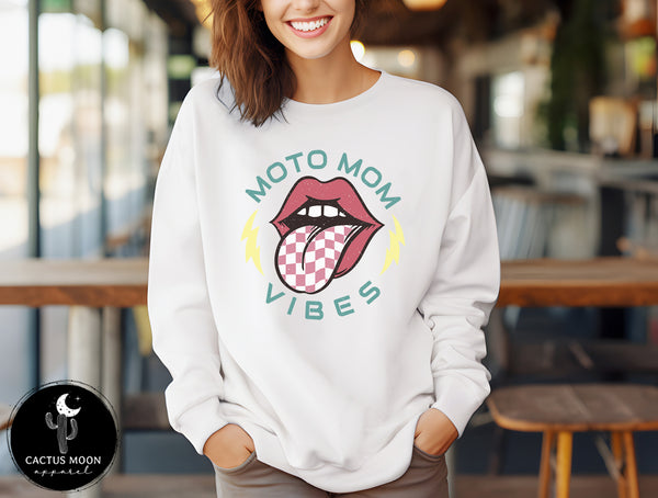 Moto Mom Vibes Unisex Garment-Dyed Sweatshirt | Moto Mom Race Day Sweatshirt | MX Motocross Dirt Track Sweatshirts Lips Tongue Lightning Bolt