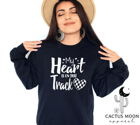 My Heart is on that Track with Checkered Heart Adult Unisex Heavy Blend™ Crewneck Sweatshirt | Racer's Wife Mom Girlfriend Sweatshirt