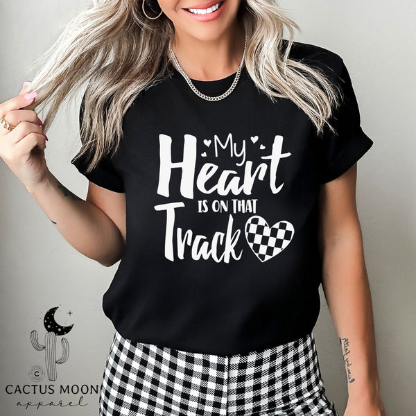 My Heart is on that Track with Checkered Heart Adult Unisex Jersey Short Sleeve Tee | Racer's Wife Mom Girlfriend Shirt