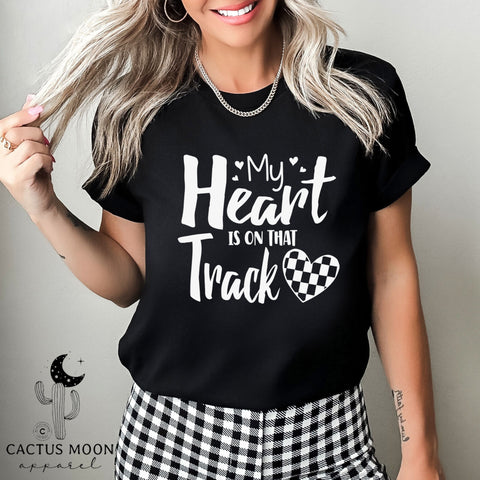 My Heart is on that Track with Checkered Heart Adult Unisex Jersey Short Sleeve Tee | Racer's Wife Mom Girlfriend Shirt