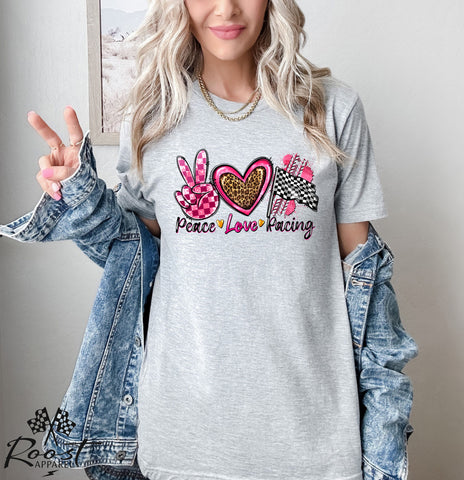 Peace Love Racing Hot Pink and Leopard Adult Unisex Jersey Short Sleeve Tee