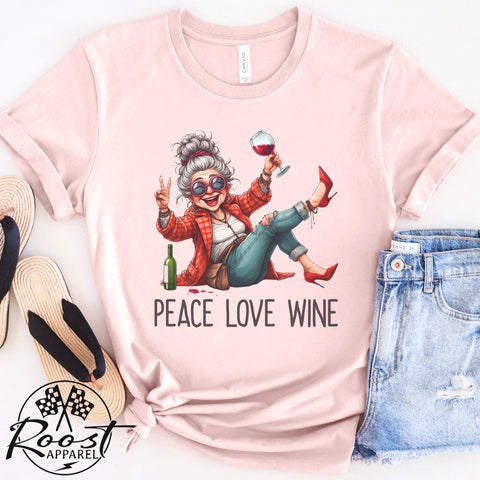 Peace Love Wine Old Granny Drinking Wine Adult Unisex Jersey Short Sleeve Tee | Funny Wine Friends Saying T-Shirt | Adult Unisex XS-5XL