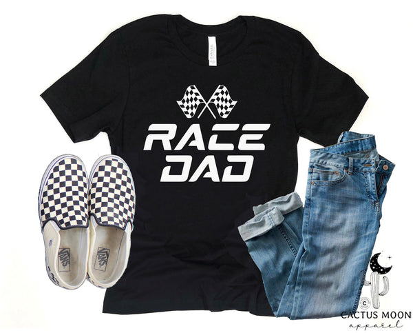 Race Dad with Checkered Flags Adult Unisex Jersey Short Sleeve Tee | Race Dad Pit Crew Race Day Shirt