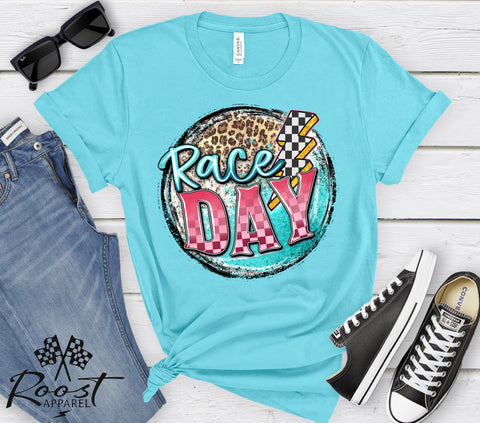 Race Day with Checkered Lightning Bolt and Leopard Print Unisex Jersey Short Sleeve Tee | Leopard Race Day Lightning Bolt T-Shirt