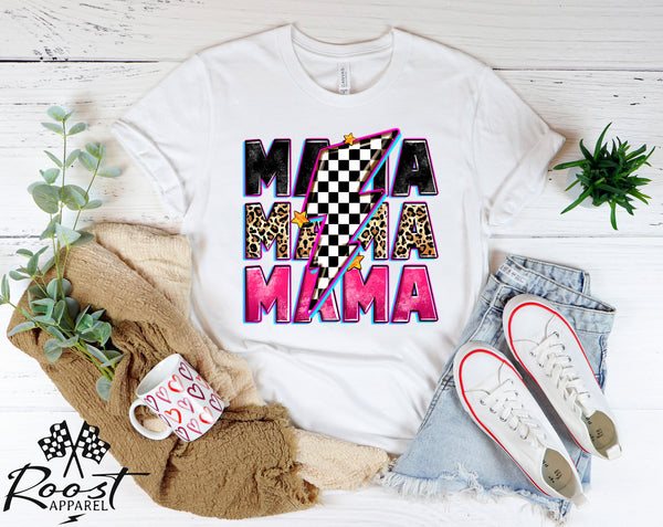 Race Mama with Checkered Lightning Bolt Adult Unisex Jersey Short Sleeve Tee