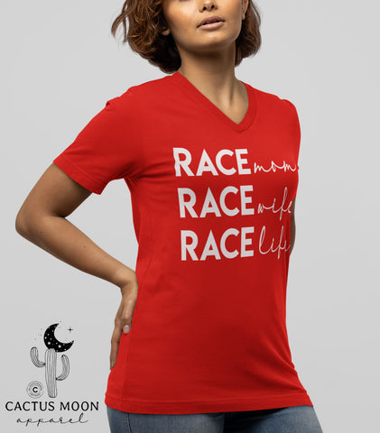 Race Mom Race Wife Race Life Adult Unisex Jersey Short Sleeve V-Neck Tee | Funny Race Mom Wife Life Race Day Shirt