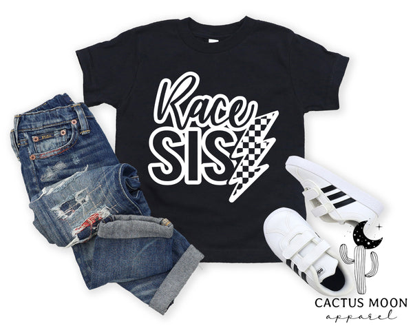 Race Sis With Checkered Lightning Bolt Youth Short Sleeve Tee | Kids Race Day Youth T-Shirt | SxS MX BMX Go Kart Dirt Track Car Race Sister