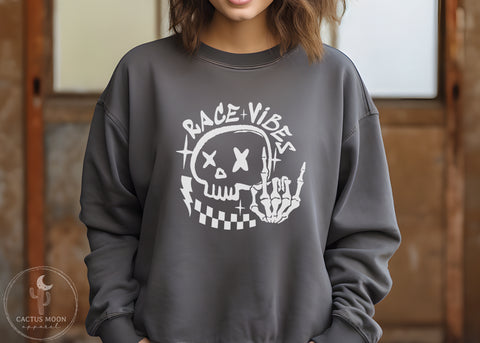 Race Vibes with Skull and Skeleton Hand Unisex Garment-Dyed Sweatshirt | Funny Race Vibes Race Day Sweatshirt