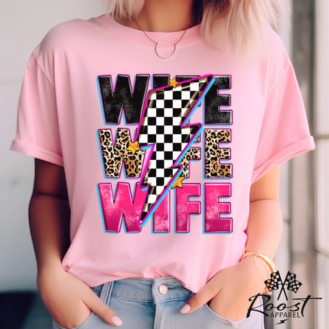 Race Wife with Checkered Lightning Bolt Adult Unisex Jersey Short Sleeve Tee