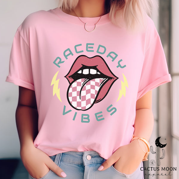 Raceday Vibes Adult Unisex Jersey Short Sleeve Tee | Race Day Shirt | SxS Moto Dirt Track Car Racing Shirts Lips Tongue Lightning Bolt