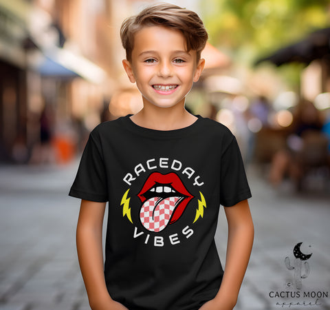 Raceday Vibes Youth Short Sleeve Tee | Kids Race Day Youth T-Shirt | SxS Moto Dirt Track Car Racing Shirts Lips Tongue Lightning Bolt