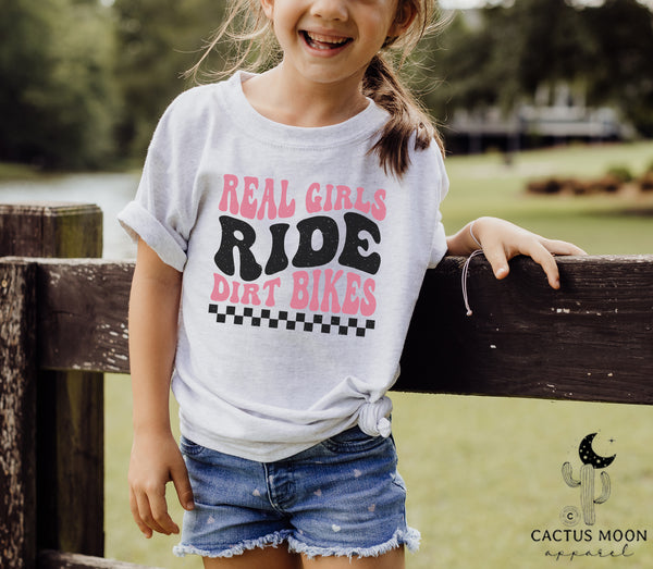 Real Girls Ride Dirt Bikes Youth Short Sleeve Tee | Kids Moto Tees | Moto Girl Short Sleeve T-Shirt