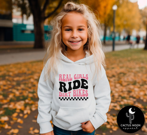 Kids Real Girls Ride Dirt Bikes Youth Heavy Blend Hooded Sweatshirt | Kids Moto Girl Hoodie | Moto Girl Youth Hoodie