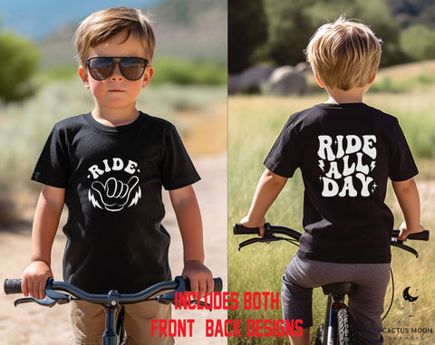 Retro Groovy Ride All Day with Shaka Hand Front and Back Toddler Short Sleeve Tee | Kids Race Girl Shirt | Ride Toddler Pit Crew T-Shirt