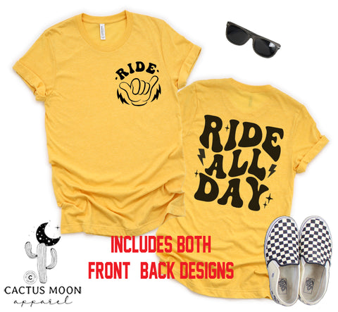 Retro Groovy Ride All Day with Shaka Hand Front and Back Youth Short Sleeve Tee | Kids Race Tees | Youth Riding Day Shirt