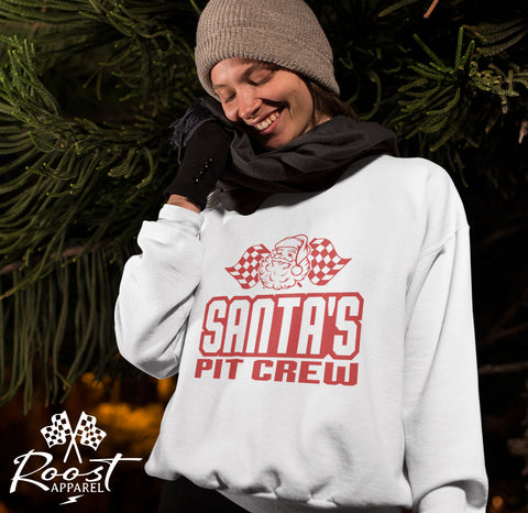 Santa's Pit Crew with Checkered Flags Adult Unisex Heavy Blend™ Crewneck Sweatshirt | Race Themed Christmas Sweatshirts