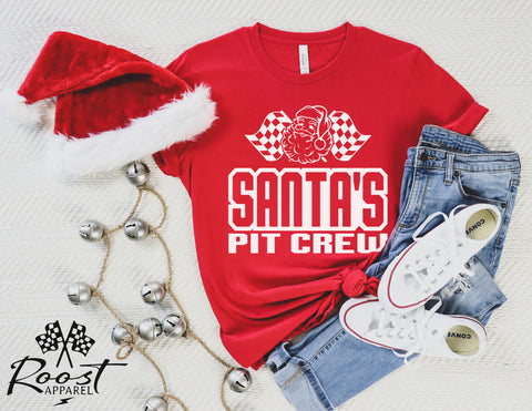 Santa's Pit Crew with Checkered Flags Unisex Jersey Short Sleeve Tee | Racing Pit Crew Christmas Shirt