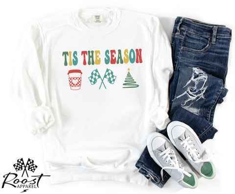 Tis the Season for Coffee Racing and Christmas Adult Unisex Garment-Dyed Sweatshirt | Racing Themed Christmas Sweatshirt