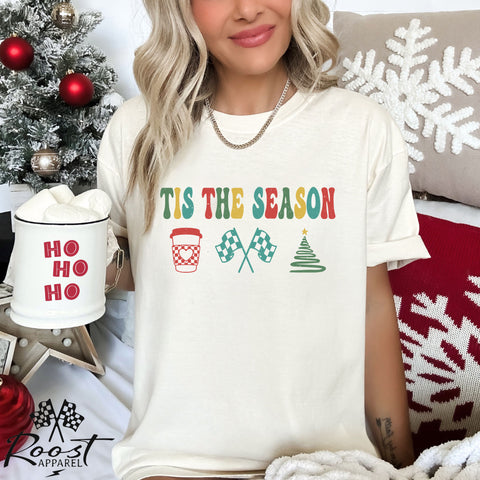 Tis the Season for Coffee Racing and Christmas Adult Unisex Garment-Dyed T-shirt | Racing Themed Tis the Season Tee