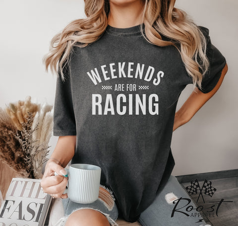 Weekends are for Racing Adult Unisex Garment-Dyed T-shirt | Funny Racing Themed Tee with Checkerboard Pattern