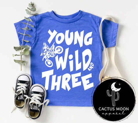 Young Wild and Three Birthday Kid Dirt Bike Toddler Short Sleeve Tee | Kids Moto 3rd Birthday Dirt Bike Motocross Toddler T-Shirt