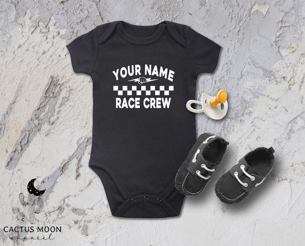 Personalized Your Name Race Crew with Fist and Lightning Bolt Infant Fine Jersey Bodysuit | Kids Race Shirt | Race Baby Pit Crew Bodysuit