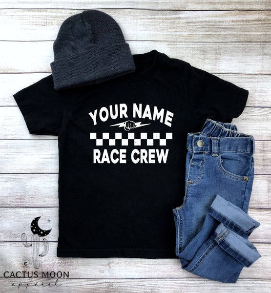 Personalized Your Name Race Crew with Fist and Lightning Bolt Toddler Short Sleeve Tee | Kids Race Girl Shirt | Race Toddler Pit Crew T-Shirt