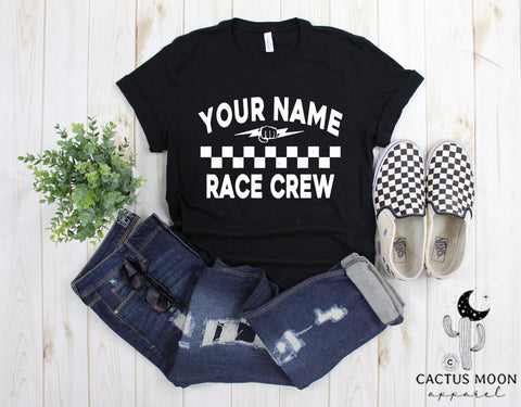 Personalized Your Name Race Crew with Fist and Lightning Bolt Adult Unisex Jersey Short Sleeve Tee | Race Crew Race Day Shirt