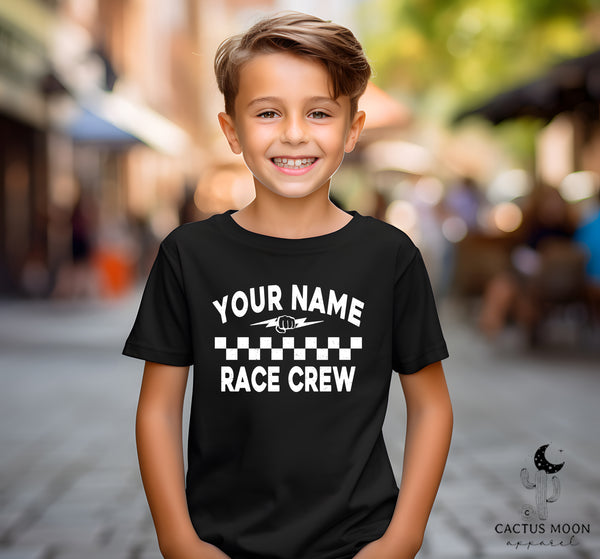 Personalized Your Name Race Crew with Fist and Lightning Bolt Youth Short Sleeve Tee | Kids Race Tees | Youth Race Crew Pit Crew Race Day Shirt