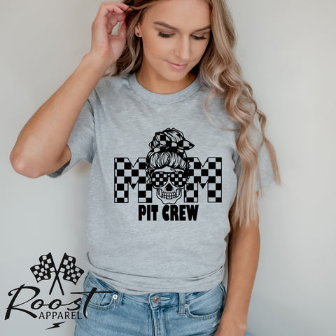 Mom Pit Crew Messy Bun Girl With Checkered Flag Pattern Unisex Style T-Shirt