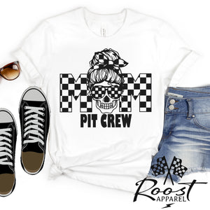 Mom Pit Crew Messy Bun Girl With Checkered Flag Pattern Unisex Style T-Shirt