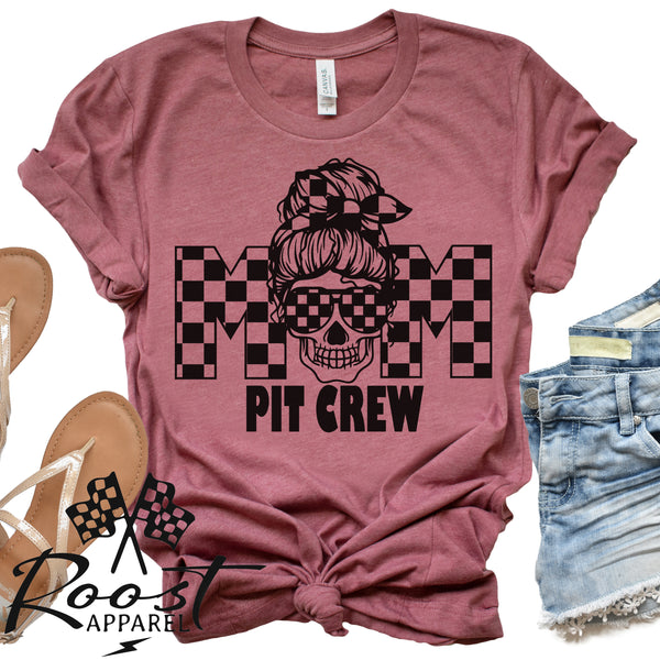 Mom Pit Crew Messy Bun Girl With Checkered Flag Pattern Unisex Style T-Shirt