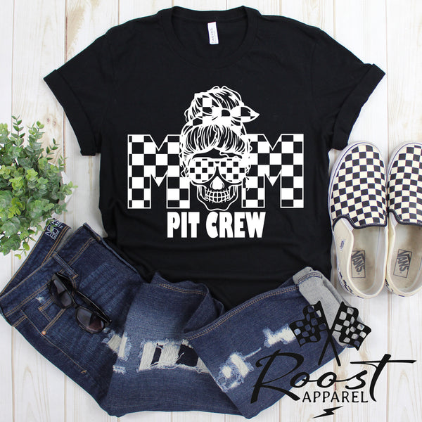 Mom Pit Crew Messy Bun Girl With Checkered Flag Pattern Unisex Style T-Shirt