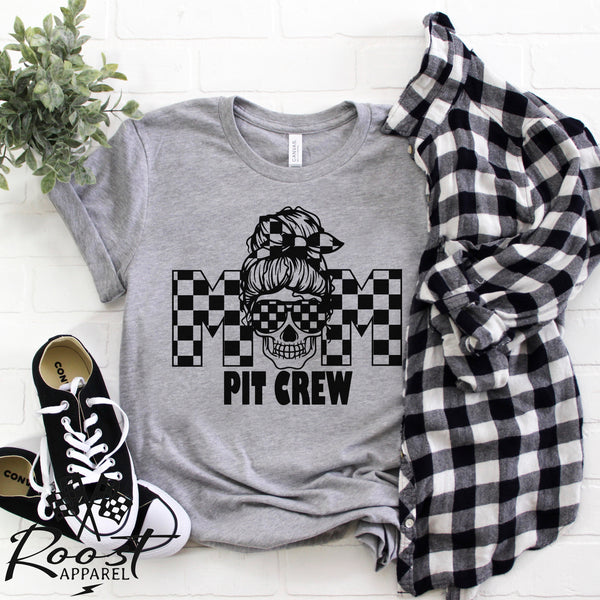 Mom Pit Crew Messy Bun Girl With Checkered Flag Pattern Unisex Style T-Shirt