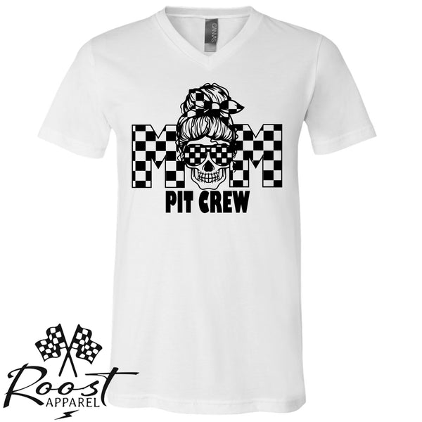 Mom Pit Crew Messy Bun Girl With Checkered Flag Pattern Unisex Style T-Shirt