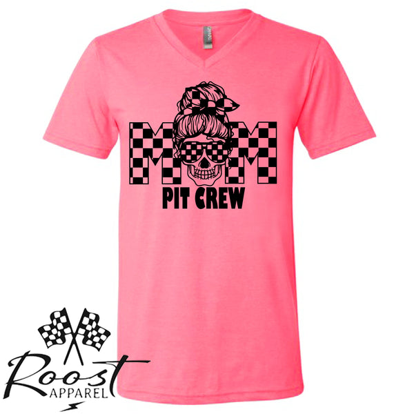 Mom Pit Crew Messy Bun Girl With Checkered Flag Pattern Unisex Style T-Shirt