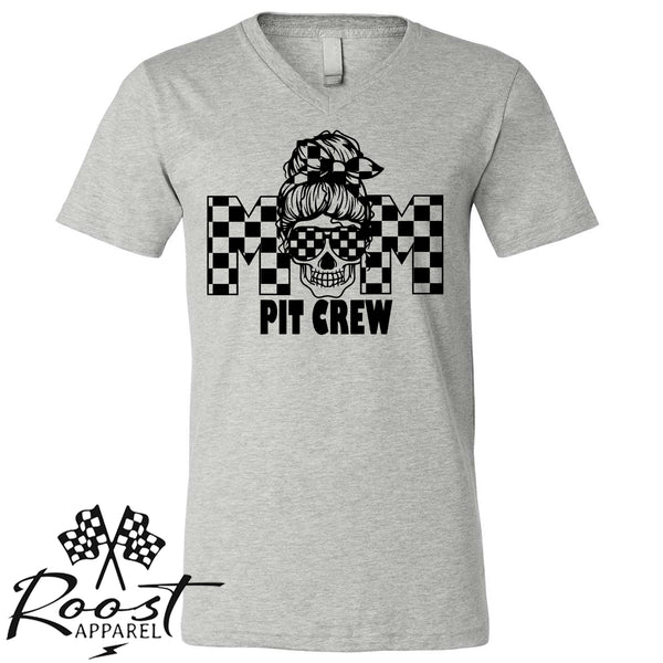 Mom Pit Crew Messy Bun Girl With Checkered Flag Pattern Unisex Style T-Shirt