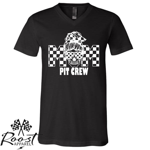 Mom Pit Crew Messy Bun Girl With Checkered Flag Pattern Unisex Style T-Shirt