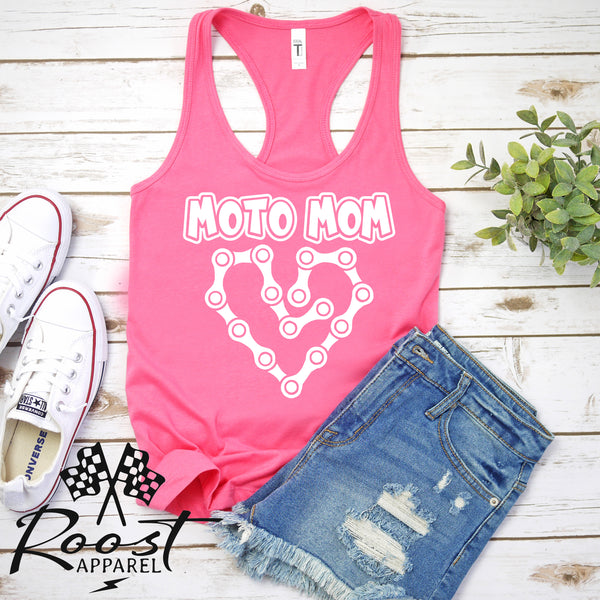 Moto Mom With Dirt Bike Chain Heart Racerback Tank or Muscle Tank